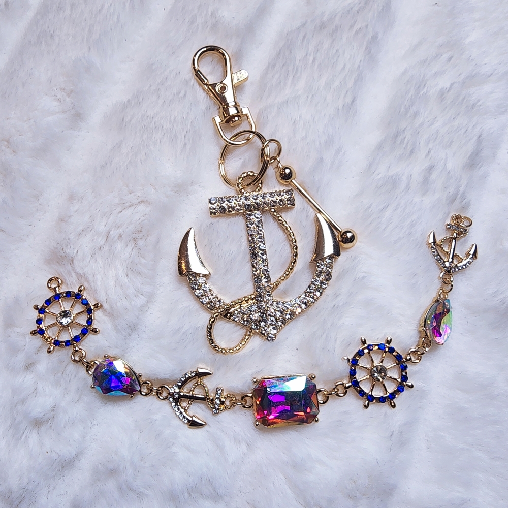 Gold Anchor Keychain and Bracelet Set